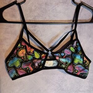 ROMWE Psychedelic Mushroom Print Strappy Bralette Top Black Neon Size S